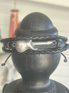 Black Braided Leather Men’s Bracelet with Metal Hook Accent